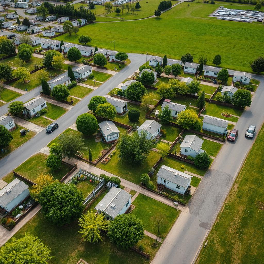 Aerial view of well-maintained mobile home park community